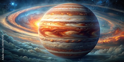 Detailed Description 1 An artistic digital of the planet Jupiter against a background, featuring its iconic swirling clouds and dominant red spot