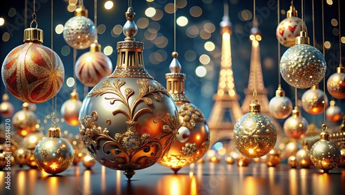 Elegant rendering of Parisian Christmas ornaments in an abstract style