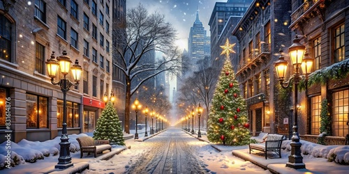 A stunning ultra-realistic rendering of a New York City street during Christmas time with snow-covered sidewalks, festive decorations, and twinkling lights