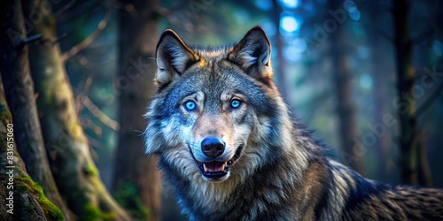Blue-eyed wolf standing in a darkened forest with mouth agape