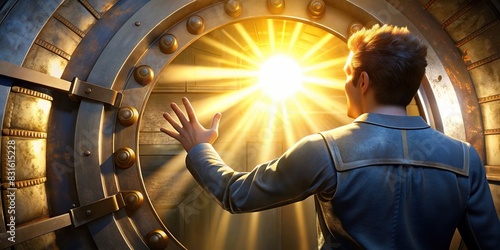 Vault 13 dweller bunker door opening as first sun rays shine in, causing him to shield his eyes with his hand