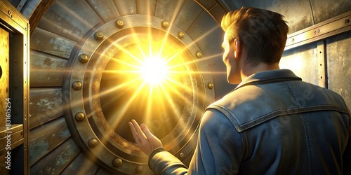 Vault 13 dweller bunker door opening as first sun rays shine in, causing him to shield his eyes with his hand