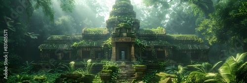 A 3D rendering of an ancient temple in a jungle, partially overgrown with vines and moss. The temple is surrounded by dense foliage and the scene is lit by dappled sunlight filtering through the trees