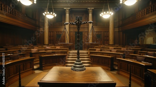 A scale is on a table in a courtroom