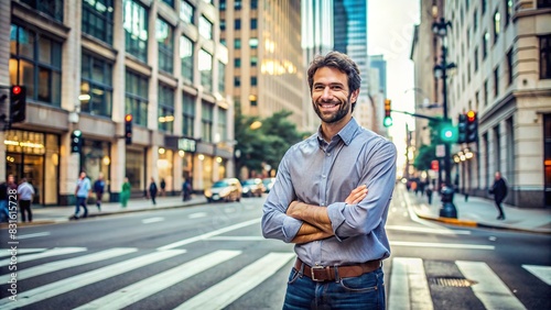 City street with buildings and empty crosswalk, with a smiling adult man's crossed arms visible in foreground