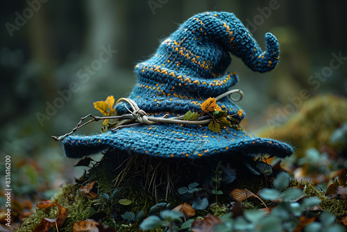 A classic witch's or wizard's hat with a pointed top, featuring a traditional conical design, symbolizing magic and sorcery, set against a mystical background