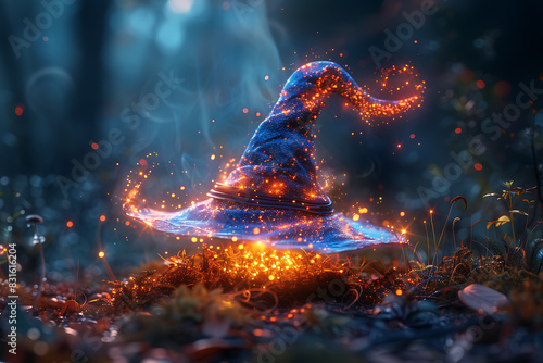 A classic witch's or wizard's hat with a pointed top, featuring a traditional conical design, symbolizing magic and sorcery, set against a mystical background