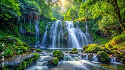 Serene waterfall cascading through lush forest scenery
