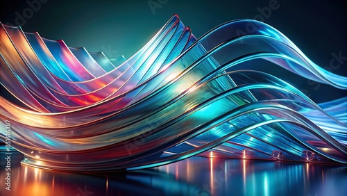 Abstract flowing shape made of wavy glass sheets with dynamic motion background
