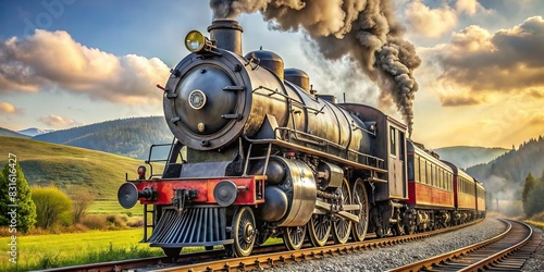 Close-up shot of a vintage steam train chugging along a railway track