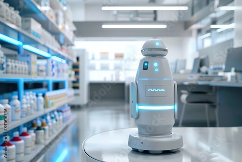 Futuristic pharmacy robot dispensing medication in a modern hospital setting