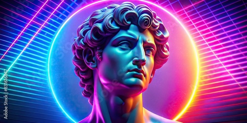 Vapor retro synth wave Greek statue of David with neon lights in the background
