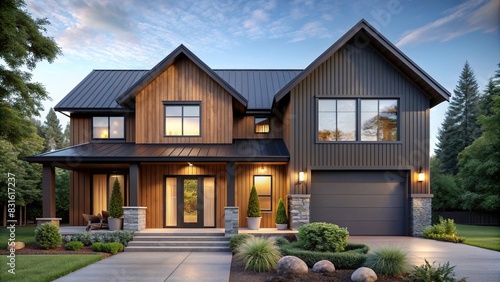 Contemporary farmhouse style house facade with dark vertical paneling and natural wood accents