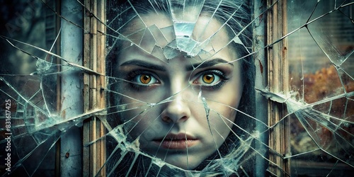 An artistic photo of a cracked glass window with ghostly eyes visible from behind, evoking a sense of mystery and intrigue