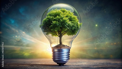 A unique concept of a tree growing inside a glowing light bulb to symbolize saving energy and protecting the environment
