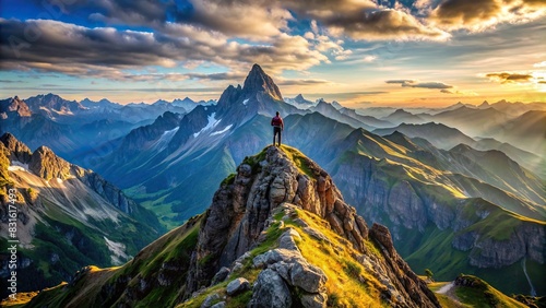 An epic shot of a towering mountain summit with a small human figure at the very top, showcasing the vastness and beauty of nature