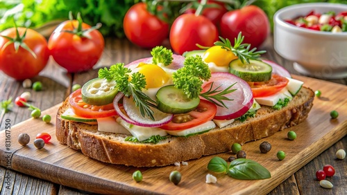 Open face sandwich with fresh ingredients on a background