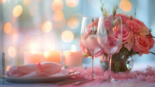 Elegant Romantic Dinner Setting with Pink Roses, Candlelight, and Wine Glasses, Perfect for Special Occasions and Intimate Celebrations