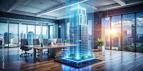 Modern office with hologram of property investment concept