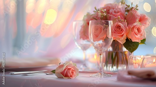 Elegant Romantic Dinner Setting with Pink Roses, Candlelight, and Wine Glasses, Perfect for Special Occasions and Intimate Celebrations