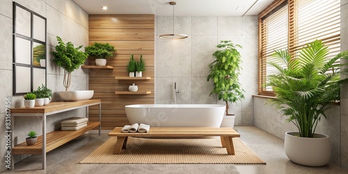 Contemporary bathroom decor featuring a wooden bench, green potted plant, and white walls