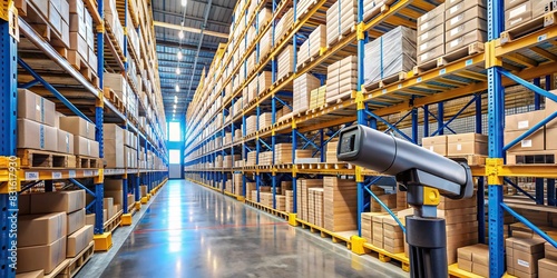 of warehouse shelves filled with various products for inventory management, with barcode scanning technology in use