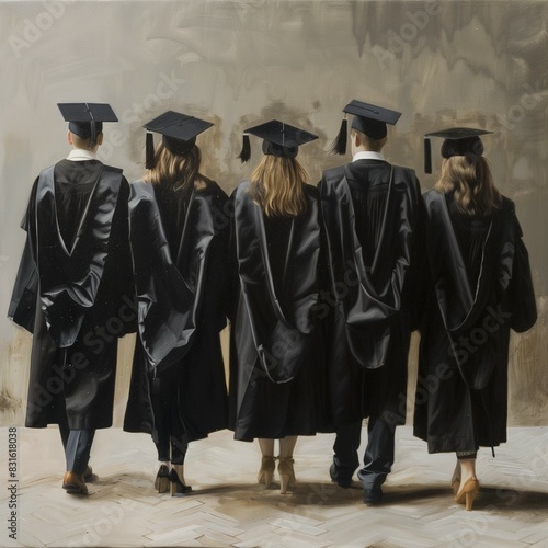 Group of Students Graduation Graduates Walking Walk Together Black Gowns Caps