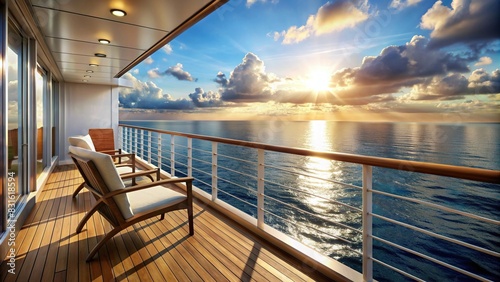 Spacious cruise balcony overlooking the vast ocean at noon