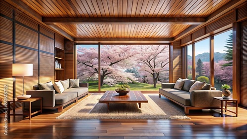 Wooden-themed contemporary living room with a view of cherry blossoms outside