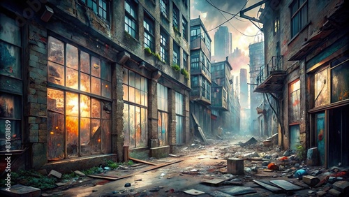 Description 2 An eerie cityscape with shattered windows, graffiti-covered walls, and debris-strewn streets