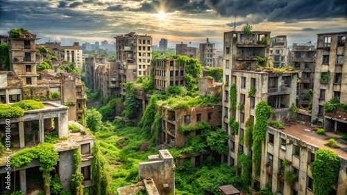Destroyed cityscape with crumbling buildings and overgrown vegetation
