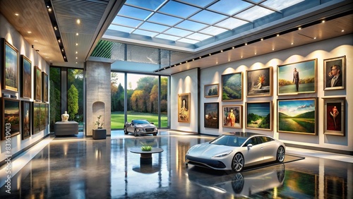 Futuristic mansion with personal indoor art gallery and priceless masterpieces, sleek design, and electric vehicle