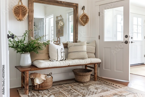 Coastal entryway with a woven rattan bench, a mirror with a seashell frame, and hanging baskets for storage.