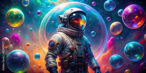 Futuristic astronaut in vibrant bubble universe