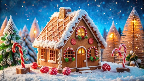 A fairy-tale Christmas gingerbread house with candy cane decorations and sugar snow