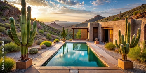 A pool surrounded by a door and cactus plants in the desert landscape
