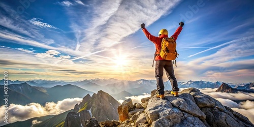 Mountain climber standing on the summit with arms raised in victory