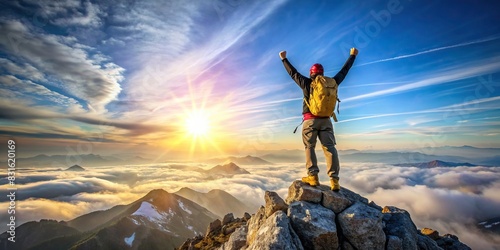 Mountain climber standing on the summit with arms raised in victory