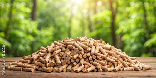 Wood pellet stack set against a lush green forest background