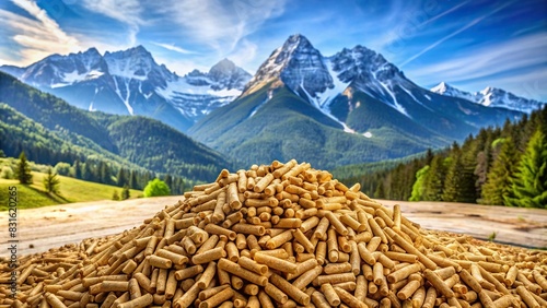 Wood pellet stack with a beautiful mountain landscape in the background