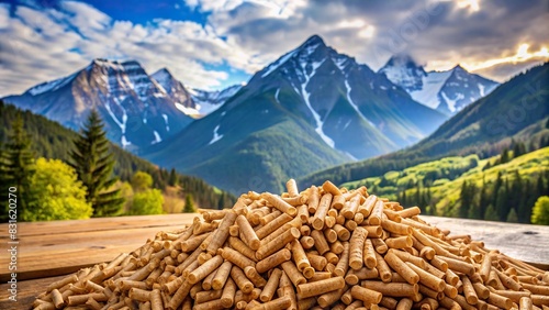 Wood pellet stack with a beautiful mountain landscape in the background