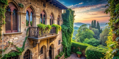 Detailed description 2 A serene landscape with a balcony overlooking a lush garden, reminiscent of the iconic scene from Romeo and Juliet, showcasing a symbol of undying love and passion
