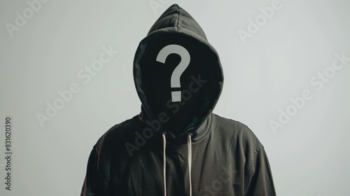 A hooded man with a question mark on his face, incognito or unknown concept