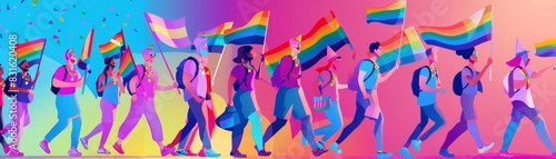Vibrant illustration of diverse individuals marching with rainbow flags, celebrating pride and inclusivity in a colorful parade.