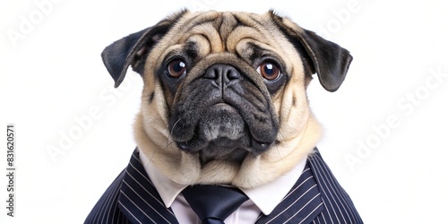 Portrait of pug dog dressed in formal suit and tie looking puzzled, isolated on white background