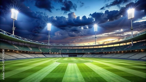 Night view of a cricket field with stadium lights on
