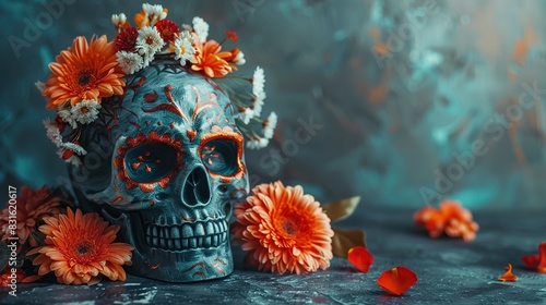 Fantasy human head skull with red flower decoration. Mystical, scary is synonymous with the supernatural world.