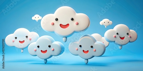 Cheerful and light-hearted image of cloud-like figures with speech bubbles expressing their silly thoughts