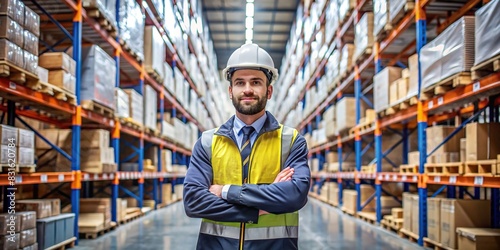 Corporate portrait of a warehouse operator in uniform standing in front of shelves in a warehouse