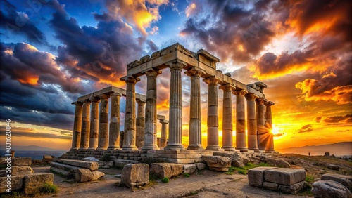 Ancient ruins of a temple standing against a dramatic sunset sky, representing the rich cultural history of the past